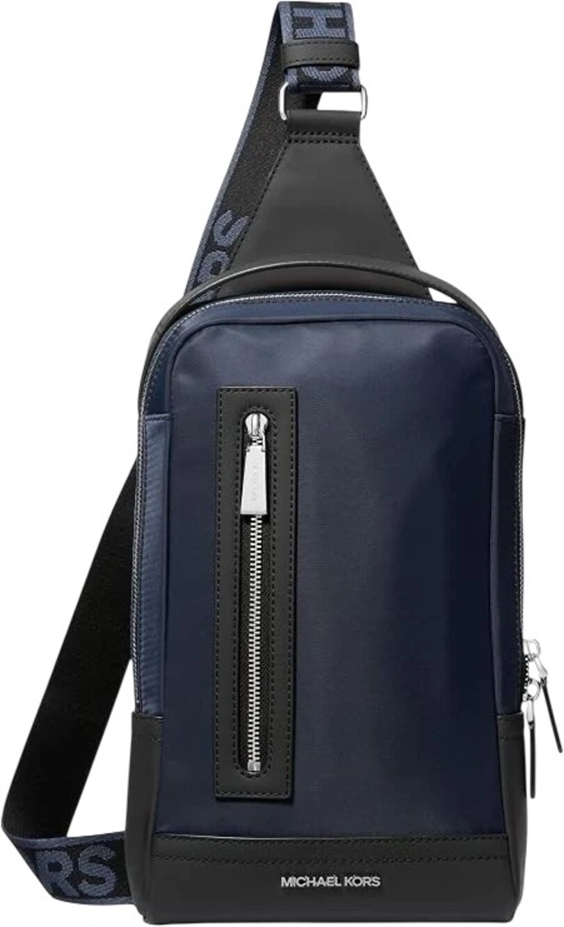 $168 Michael Kors A-Line Logo Sling Bag Navy Nylon Malone Logo Strap